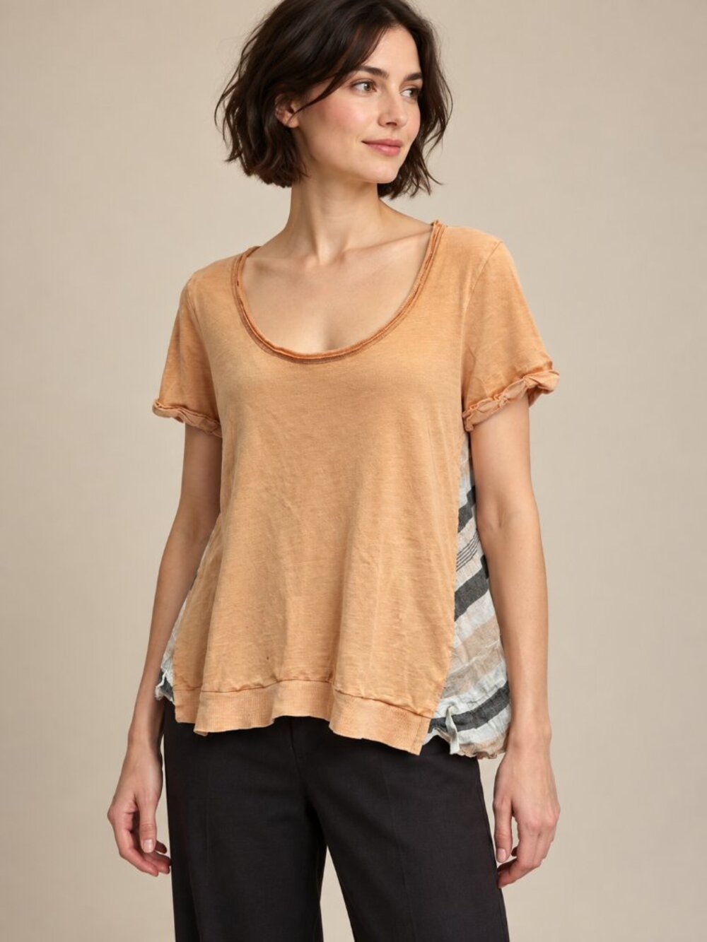 Little Yellow Button Anthropologie Orange Striped Mixed Media Top M Boho